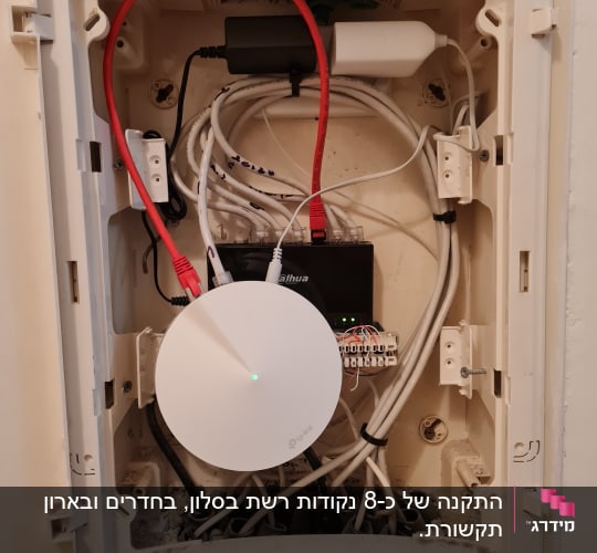 ארון תקשורת עם כבלים ומכשיר TP-Link עגול